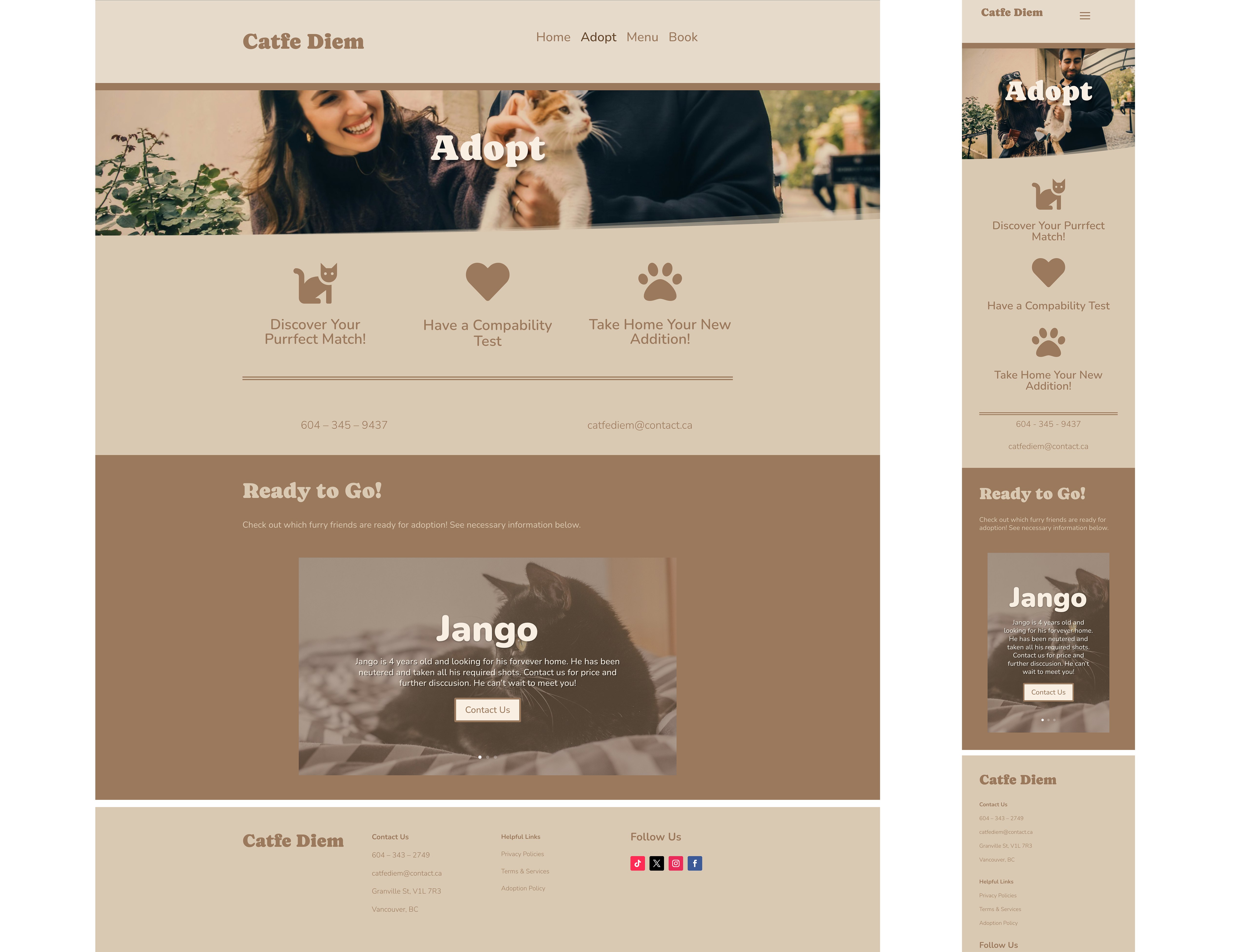 Desktop and mobile screeens of Catfe Diem's adoption page showing adoption process