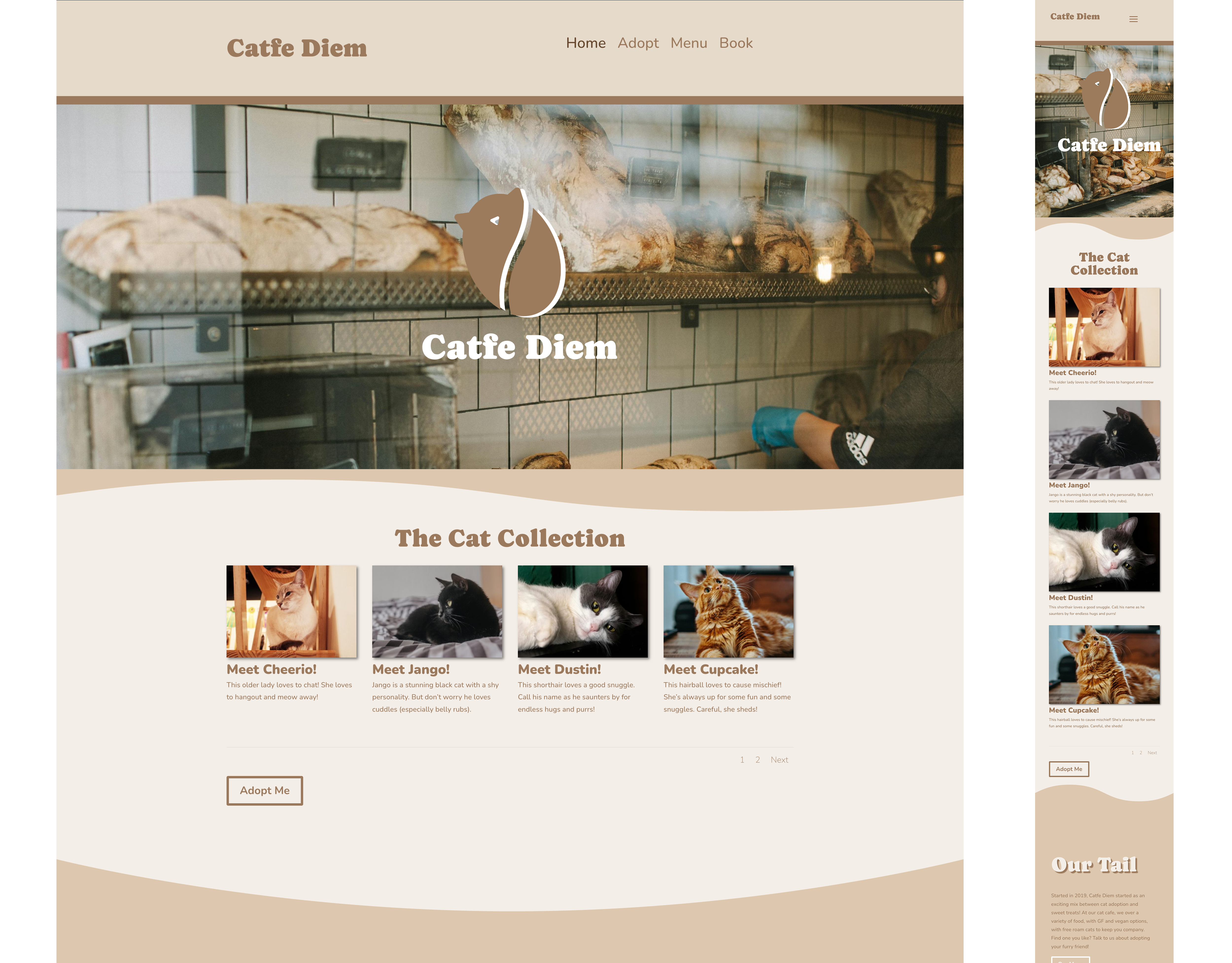 Desktop and mobile screeens of Catfe Diem's homepage showing available cats
