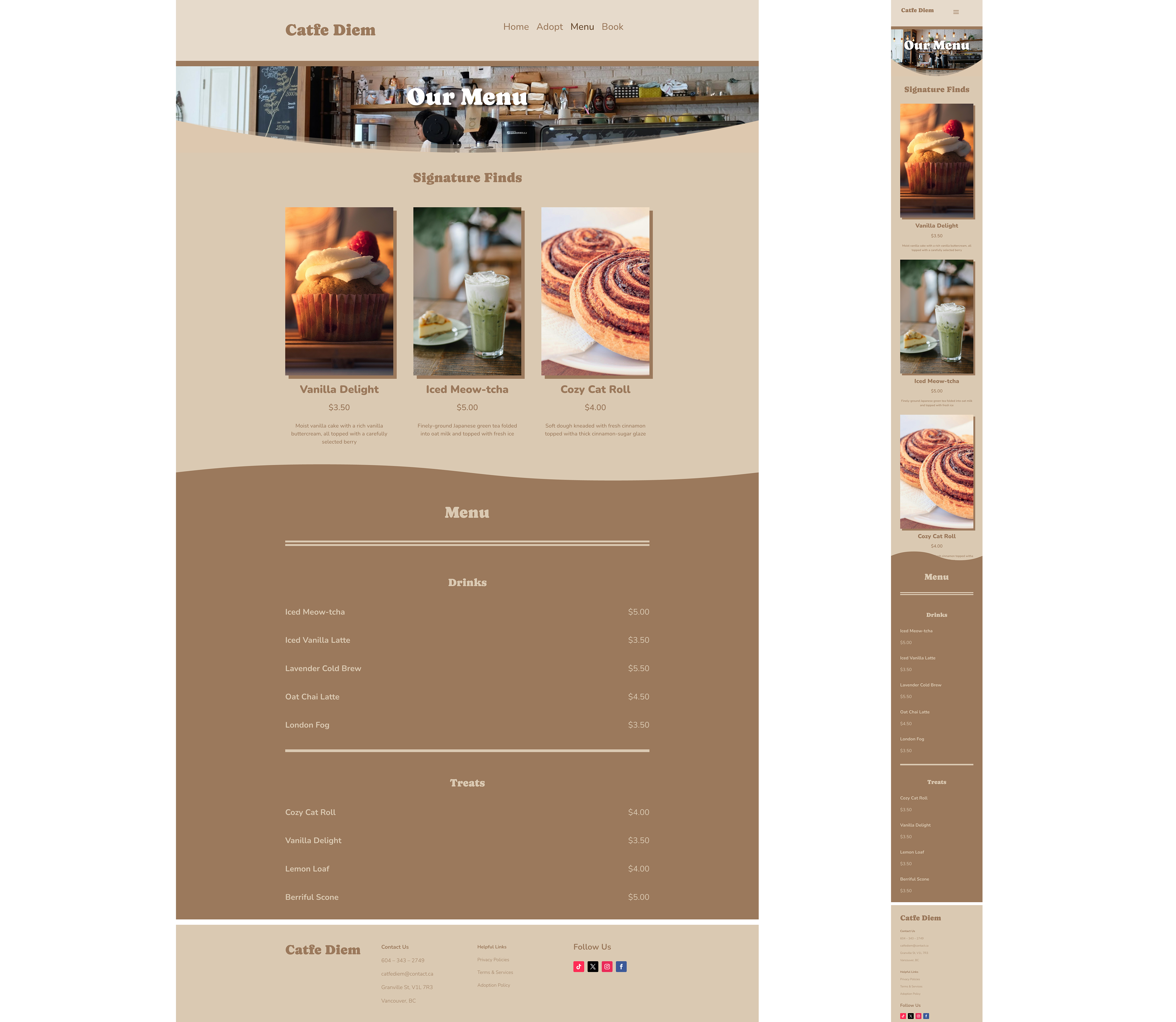Desktop and mobile screeens of Catfe Diem's menu page showcasing menu items