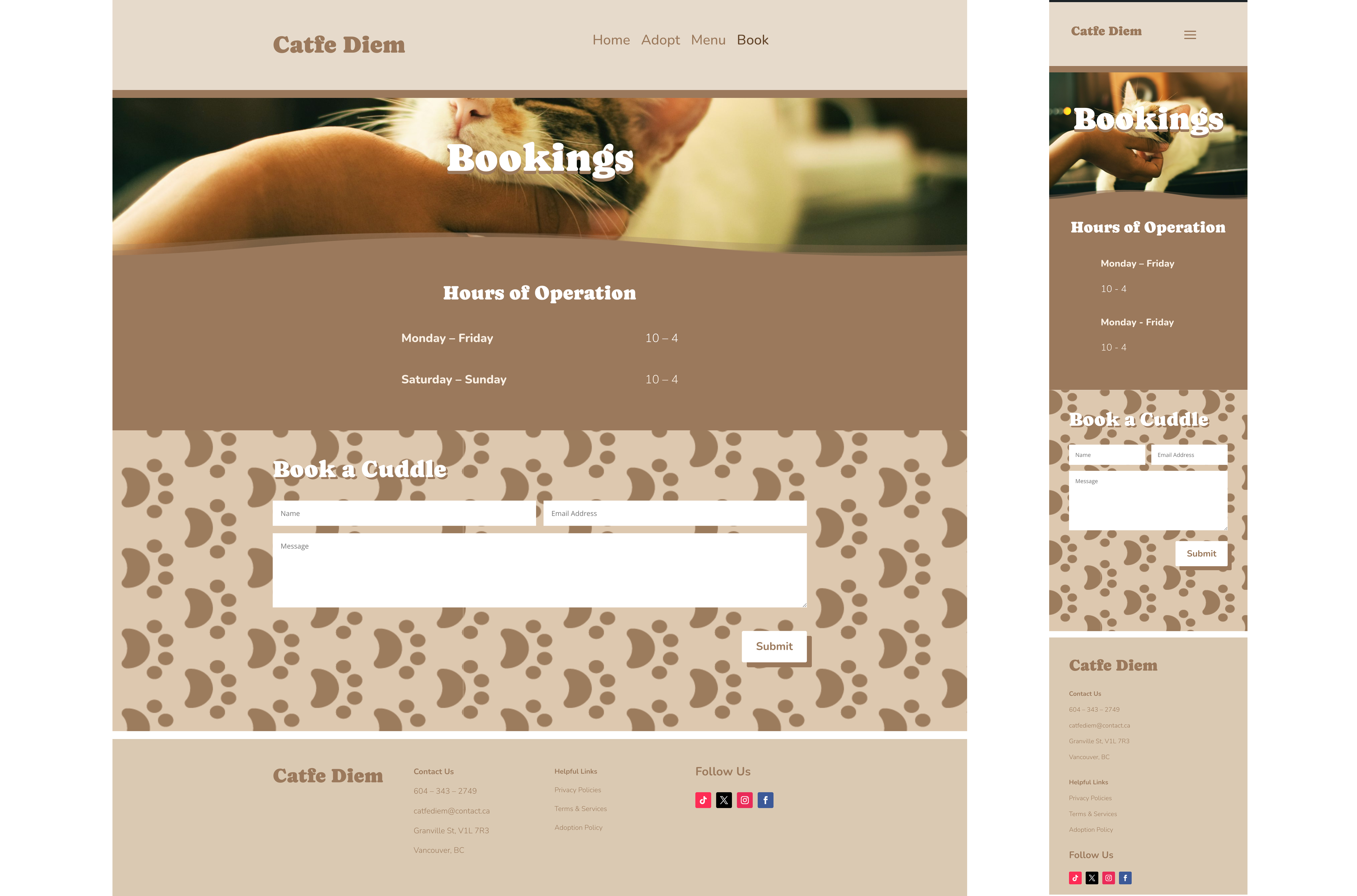 Desktop and mobile screeens of Catfe Diem's booking page with hours and a fillable form