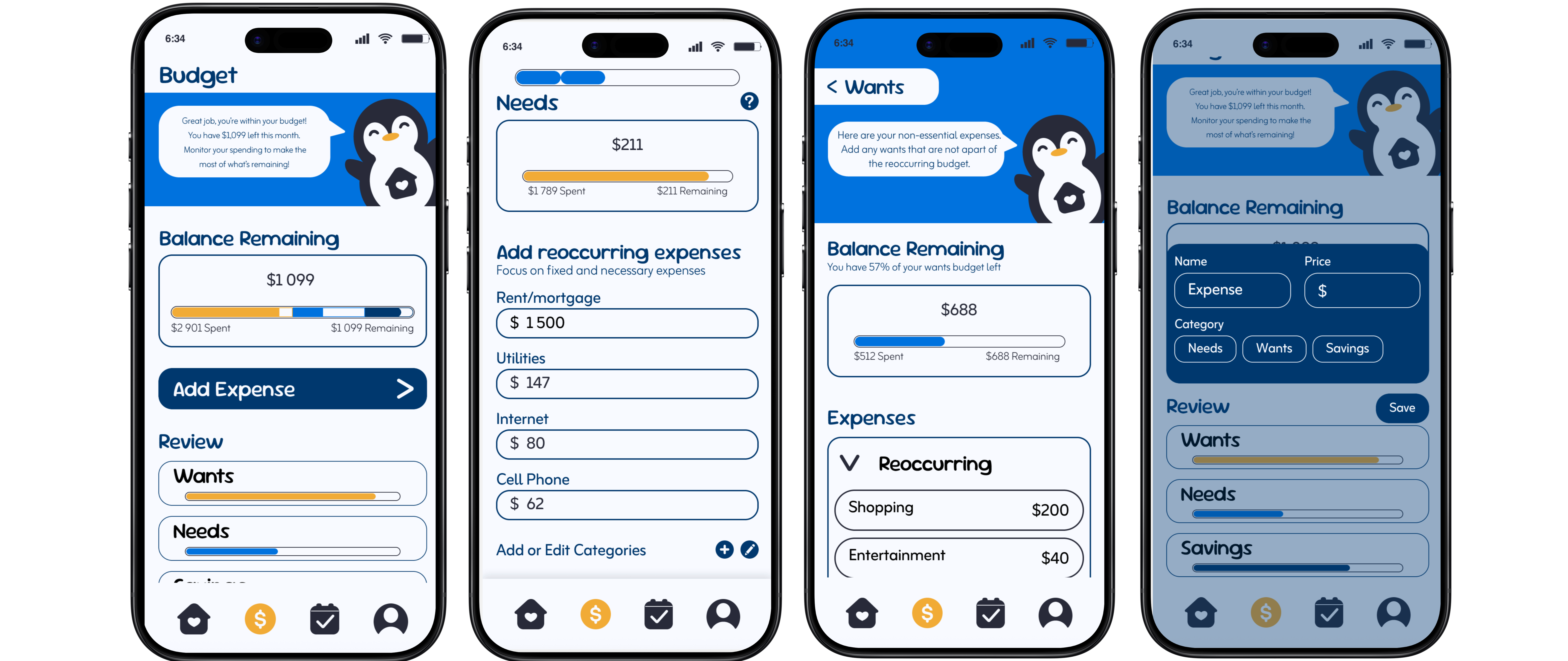 Budget screens showing expense tracking and financial overview