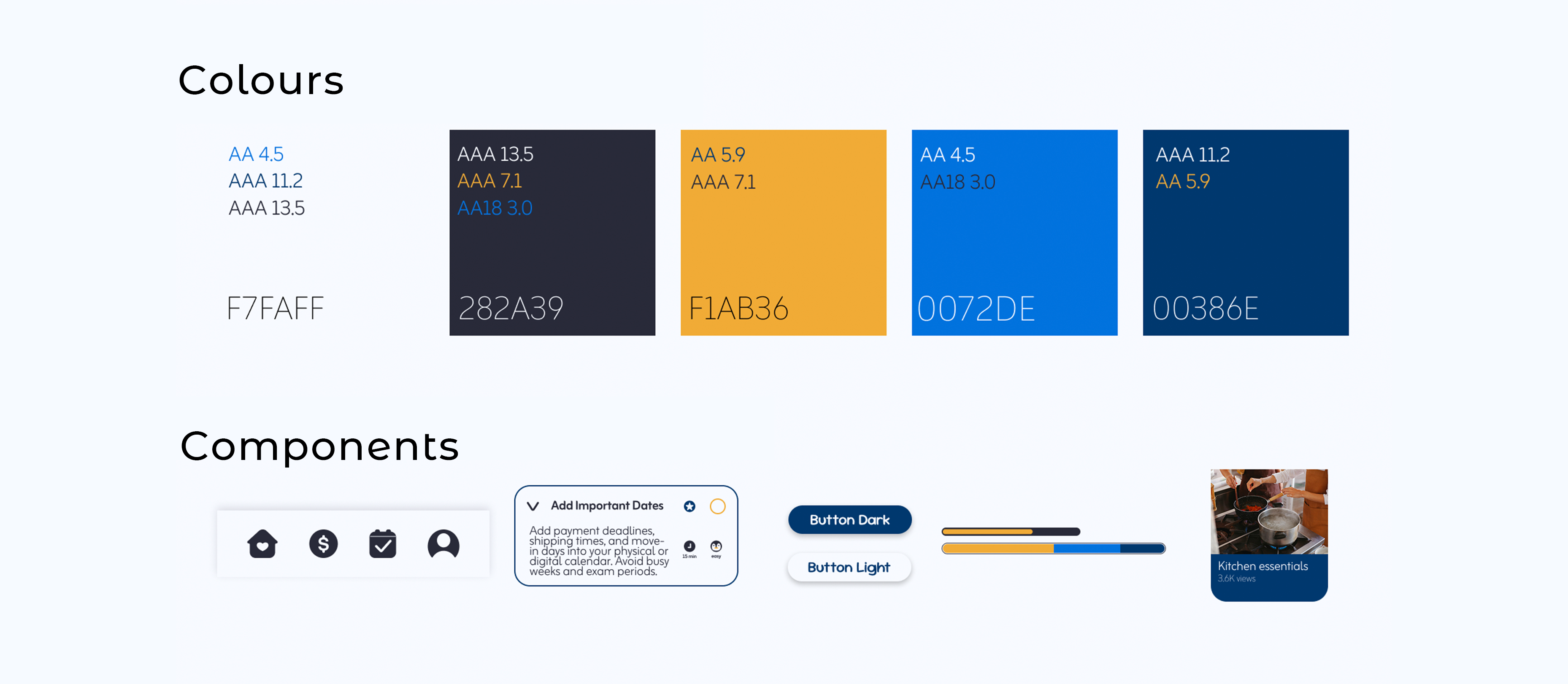 Colour scheme with hex codes and app components