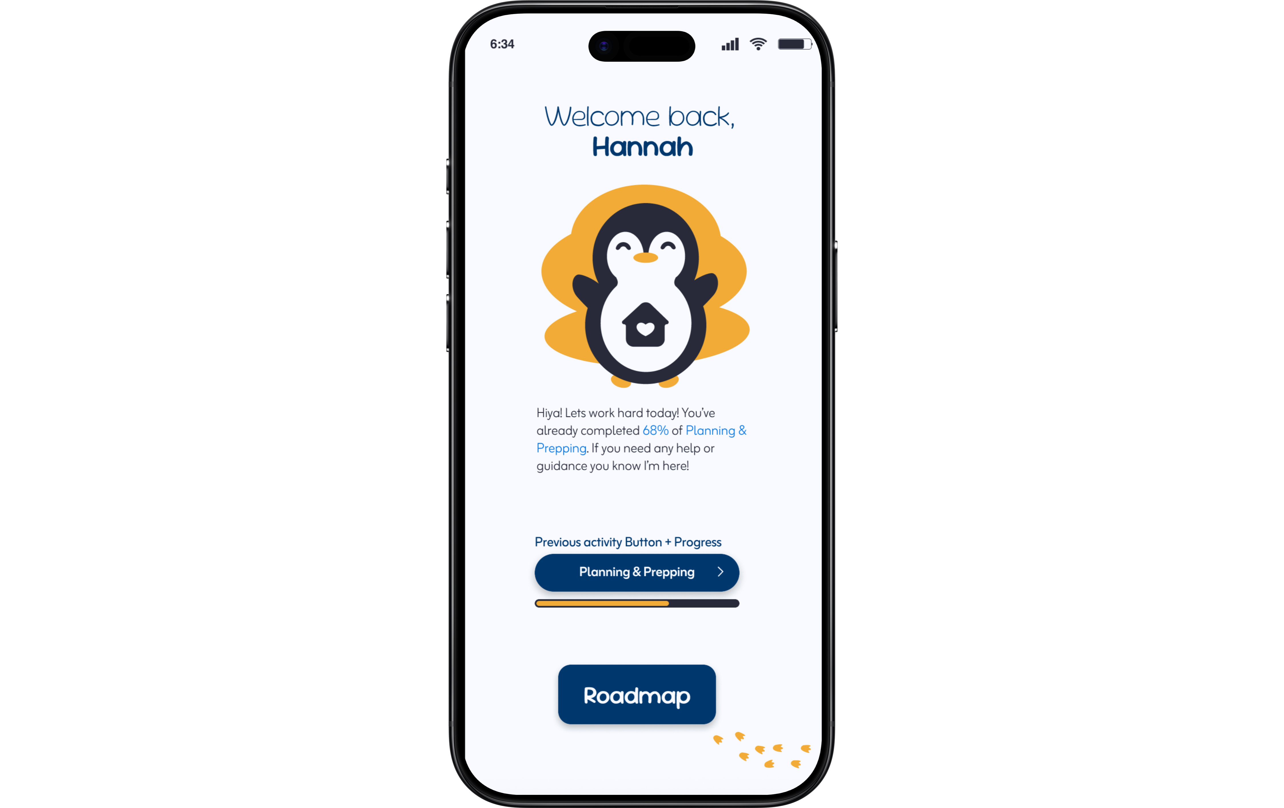Launch screen of Packguin app with welcome message and start button
