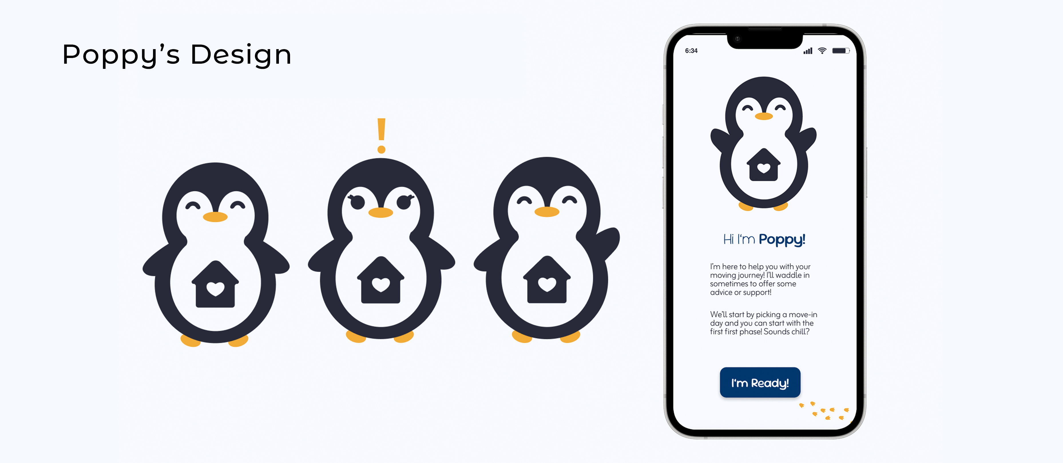 Showcase of Poppy the penguin on her own and in a welcome message mockup