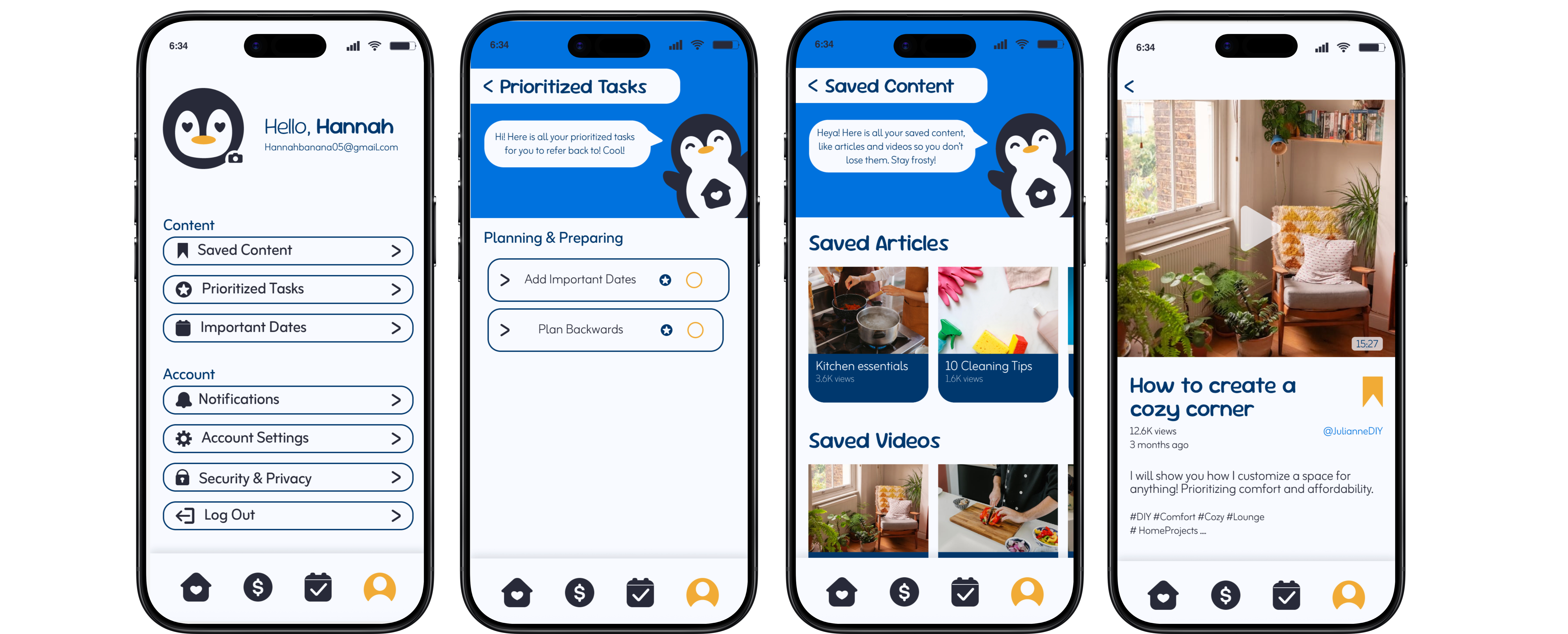 Profile screens showing user information as well as saved videos and tasks 