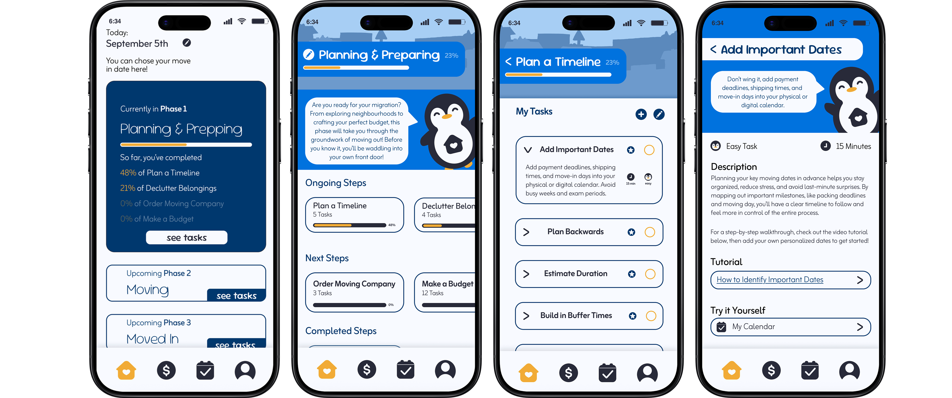 Roadmap screens shwoing steps, tasks, and information overview