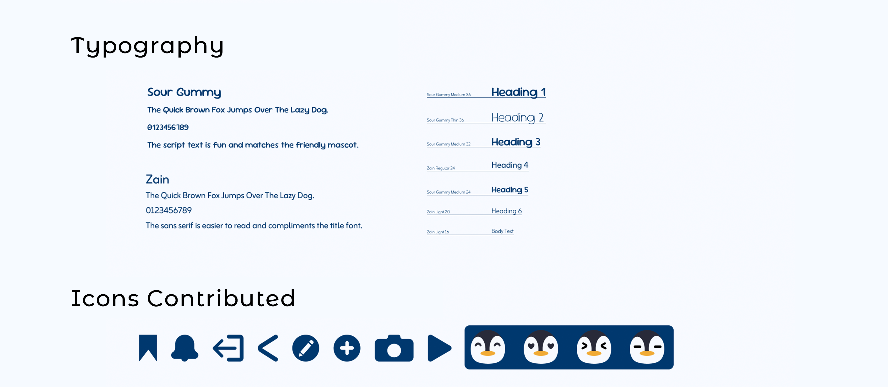 Typography system showing font styles, sizes, hierarchy, and icons used in the app