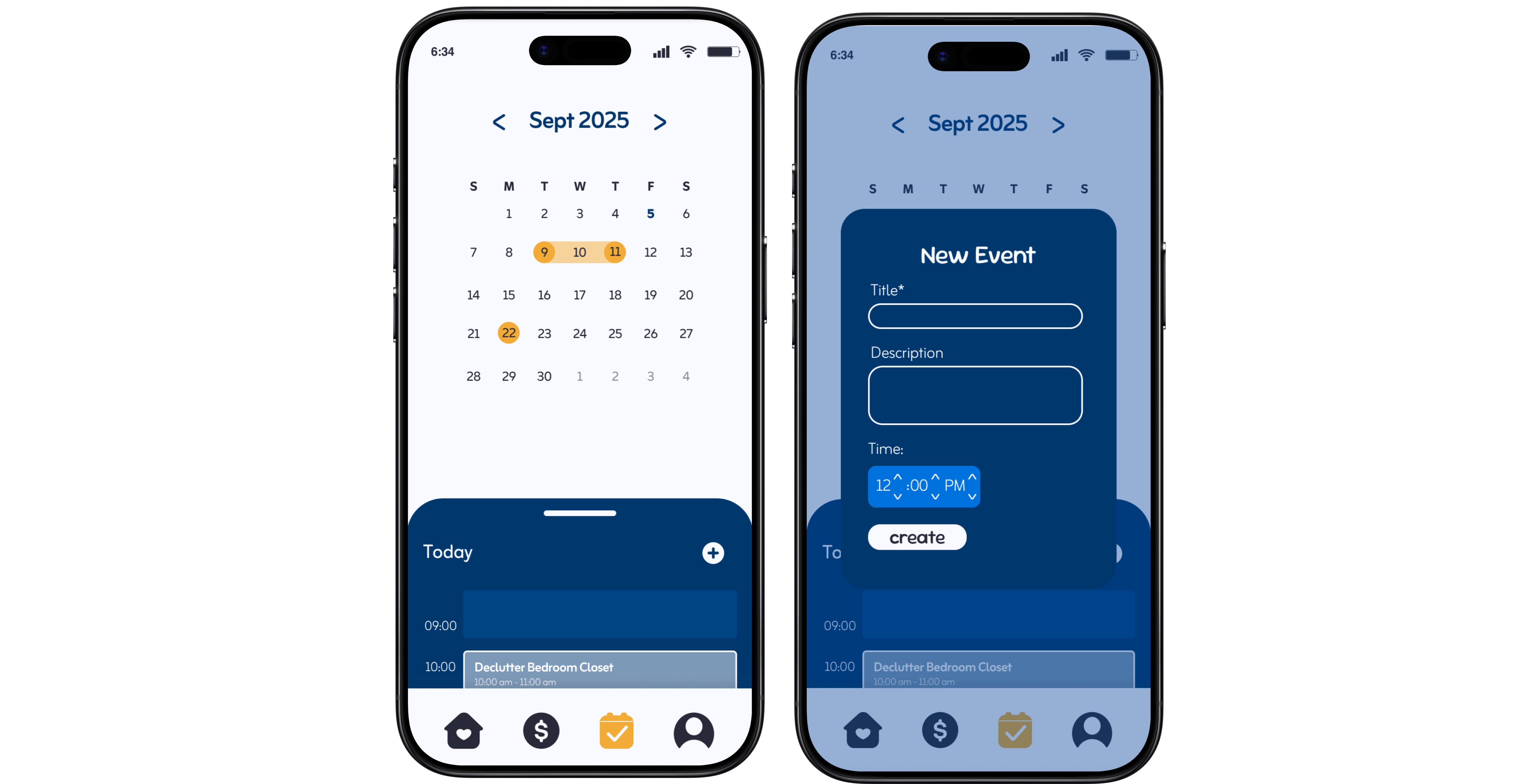 Calendar screens showing daily itinerary and add event feature