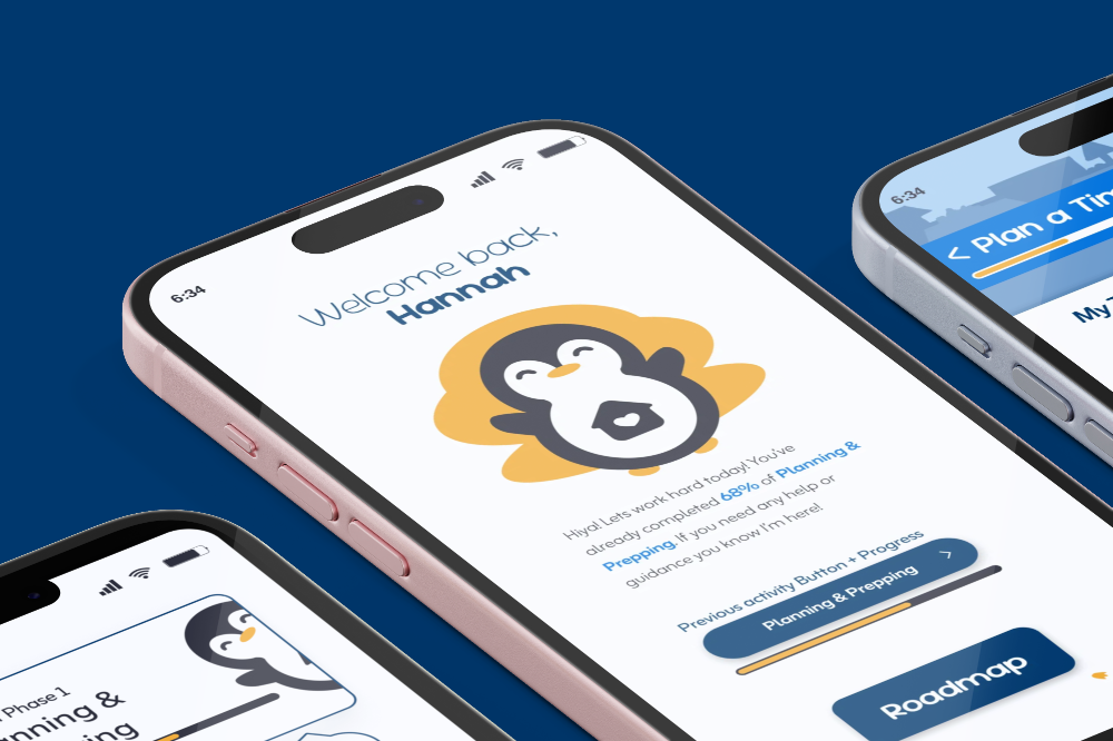Preview of first-time movers app UX design featuring a friendly penguin mascot and planning tools